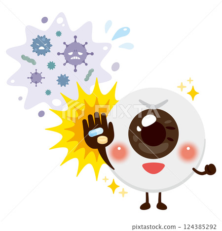 Character illustration of an eye recovering after treating a virus with medicine 124385292