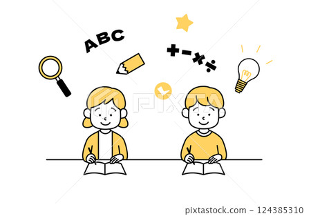 Vector illustration of a boy and girl studying. Children, arithmetic, English, inspiration, discovery, pencil, magnifying glass, light bulb Vector illustration of a boy and girl studying. Children, arithmetic, English, inspiration, discovery, pencil, magnifying glass, light bulb 124385310