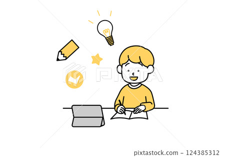 一個男孩在平板電腦上學習的向量插圖兒童靈感學習家庭作業線上課程 124385312