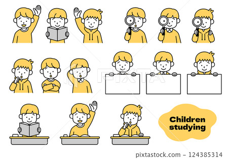 Vector illustration set of a boy studying. Child, boy, boy, child, homework, education, learning, cram school, elementary school student, lesson 124385314