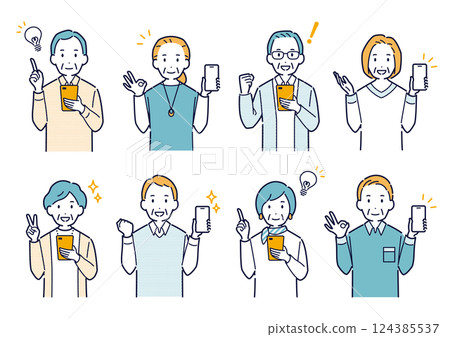 Illustration set of elderly people with bright expressions holding smartphones Illustration set of elderly people with bright expressions holding smartphones 124385537