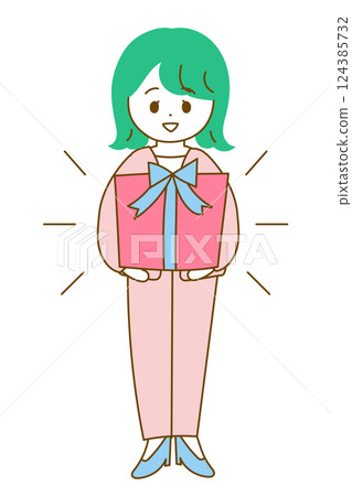 穿著西裝的可愛女人送禮物的全身插圖 - 獎勵 124385732