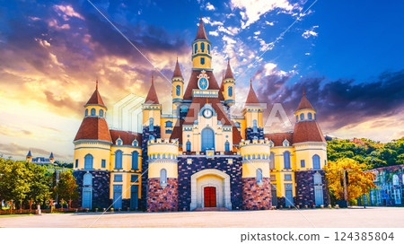 Fantastic beautiful medieval castle at VinWonders Amusement Park in Vinpearl island in Nha Trang in Vietnam Fantastic beautiful medieval castle at VinWonders Amusement Park in Vinpearl island in Nha Trang in Vietnam 124385804
