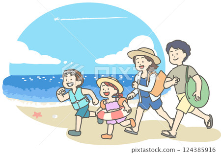 夏日家庭和穿著泳衣的大海的插圖 夏日家庭和穿著泳衣的大海的插圖 124385916
