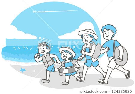 Illustration of a summer family and the sea in swimsuits 124385920