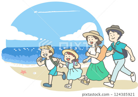 Illustration of a family at the beach in summer 124385921