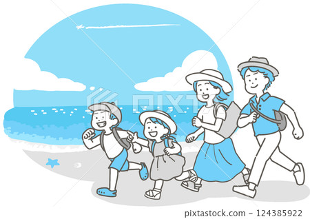 Illustration of a family at the beach in summer 124385922