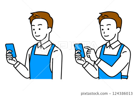 一名身穿圍裙的男子正在看智慧型手機螢幕（檢視/操作） 124386013