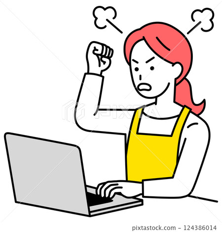 一名身穿圍裙的女子怒視著筆記型電腦螢幕 124386014
