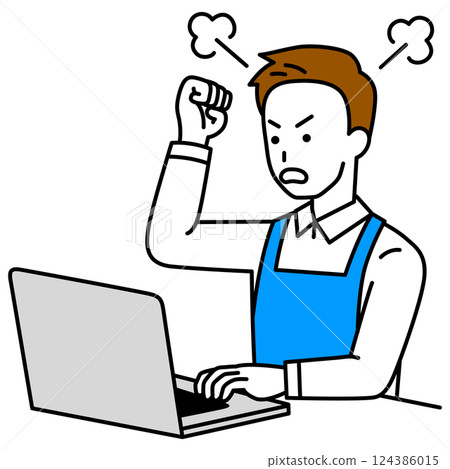 一名穿著圍裙的男子怒視著筆記型電腦螢幕 一名穿著圍裙的男子怒視著筆記型電腦螢幕 124386015