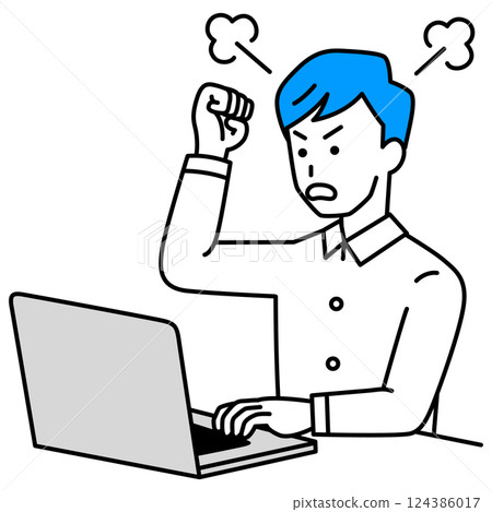 憤怒的休閒男人看著筆記型電腦螢幕 124386017