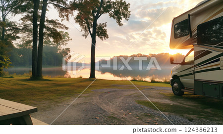 A retro camper van parked in a scenic spot by the lake, with an open door showing a cozy interior and peaceful surroundings. 124386213