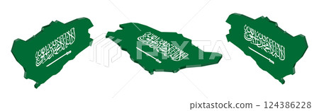 3D isometric illustration map of Saudi Arabia is shown with the national flag as a cover. The illustration includes isometric views from the top, left, and right. 3D isometric illustration map of Saudi Arabia is shown with the national flag as a cover. The illustration includes isometric views from the top, left, and right. 124386228