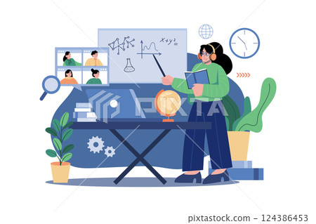 Teacher Teaching Remotely Illustration concept. A flat illustration isolated on white background Teacher Teaching Remotely Illustration concept. A flat illustration isolated on white background 124386453