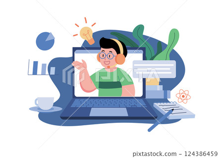 Boy Taking Online Lectures Illustration concept. A flat illustration isolated on white background Boy Taking Online Lectures Illustration concept. A flat illustration isolated on white background 124386459