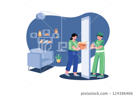 Women Receiving A Ready Meal From Screen Phone By Courier At Home 124386466