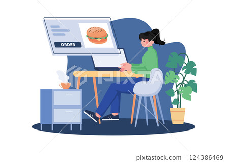 A Woman With A Laptop Ordering Food Online 124386469