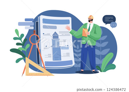 Engineer Analysis Blueprint Of The Construction Site 124386472