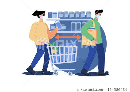Social Distance At Shopping Checkout Illustration Concept Social Distance At Shopping Checkout Illustration Concept 124386484