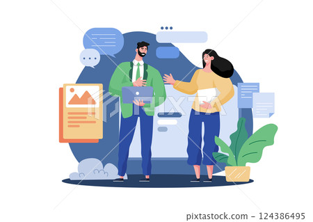 Male And Female Marketing Employees Doing Social Media Marketing 124386495