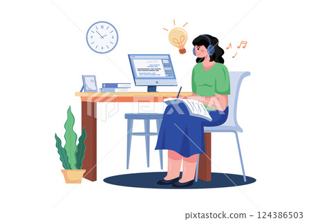 A Girl Listening To Music And Doing Study At On Time 124386503