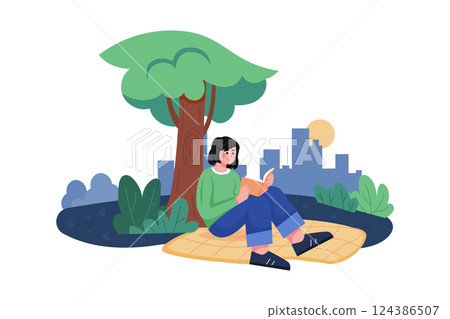 A Little Girl Reading Under A Tree 124386507
