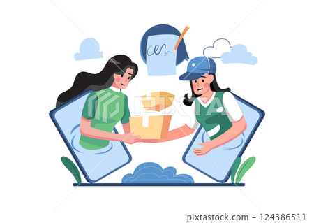 A young woman receiving parcel from delivery service courier through smart phone screen 124386511