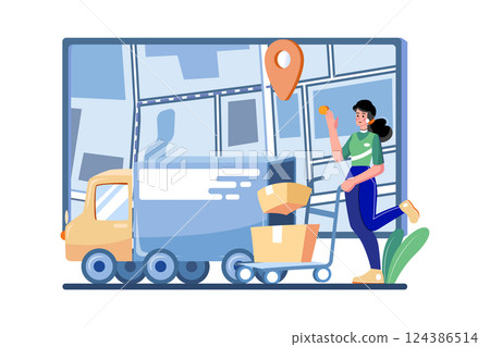 Delivery truck with man is carrying parcels on points Delivery truck with man is carrying parcels on points 124386514