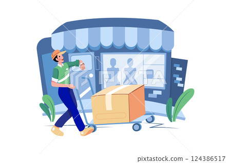 Caucasian deliveryman wheeling trolley with carton boxes Caucasian deliveryman wheeling trolley with carton boxes 124386517