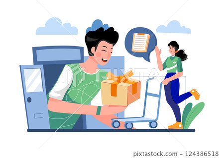 Happy male client receiving order form female courier in red uniform Happy male client receiving order form female courier in red uniform 124386518