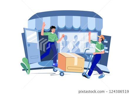 Delivery man pushes hand truck trolley full of cardboard boxes hands package to a customer. Delivery man pushes hand truck trolley full of cardboard boxes hands package to a customer. 124386519