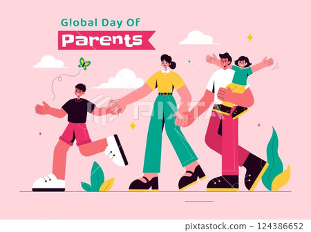 Global Day of Parents Vector Illustration featuring the Importance of Parenthood and Togetherness Between Mother, Father, and Kids in a Background 124386652