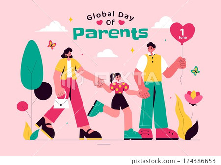Global Day of Parents Vector Illustration featuring the Importance of Parenthood and Togetherness Between Mother, Father, and Kids in a Background 124386653