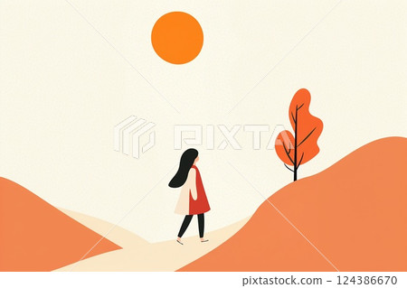 Woman walking through a minimalist landscape 124386670