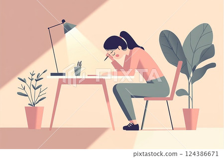 Productive workspace with woman and plants/distressed 124386671