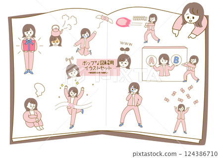 一組以流行和搞笑姿勢描繪女商人的插圖 - 可用於插圖和橫幅 124386710