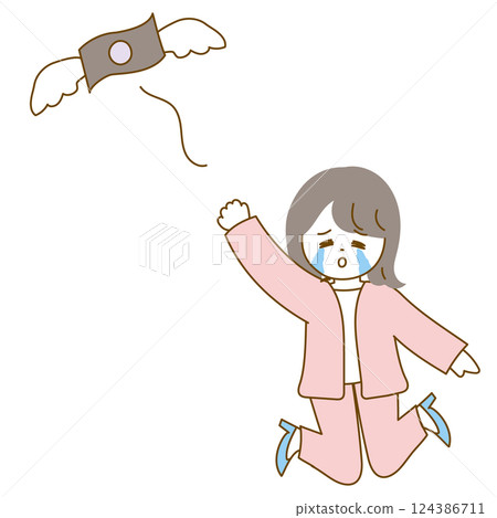 Illustration of a sad woman reaching out her hand and money running away 124386711