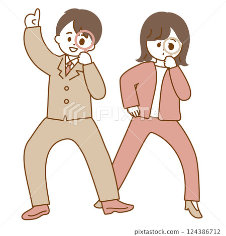 男性和女性商人拿著放大鏡的插圖。流行又可愛的插圖。 124386712