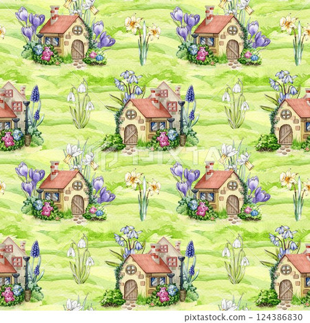 Springtime mood seamless pattern floral decor element. Hand drawn watercolor illustration. Small cute houses decorated with primrose flowers, daffodils, snowdrops on green lush grassy background Springtime mood seamless pattern floral decor element. Hand drawn watercolor illustration. Small cute houses decorated with primrose flowers, daffodils, snowdrops on green lush grassy background 124386830
