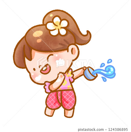 Cheerful Child Playing with Water Festive Handdrawn 124386895