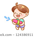Cheerful Child Playing with Water Festive Handdrawn 124386911