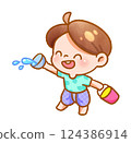 Cheerful Child Playing with Water Festive Handdrawn 124386914