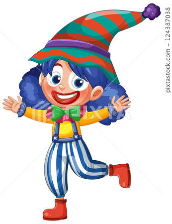 Colorful Clown with Striped Hat and Cheerful Expression Colorful Clown with Striped Hat and Cheerful Expression 124387038