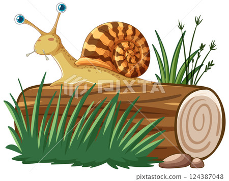 Whimsical Snail on a Log Illustration 124387048