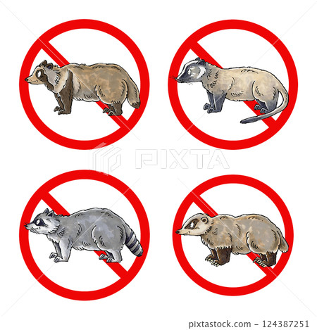 Pest prohibition sign set (raccoon dog, raccoon, badger, palm civet) 124387251