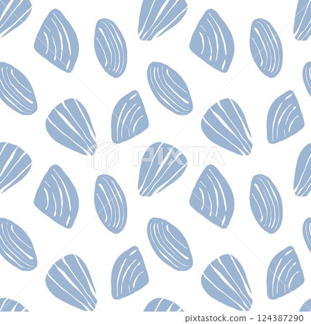 Hand drawn sea shells scallops blue seamless pattern in doodle sketchy style on white background. Line art sea shell vector background Hand drawn sea shells scallops blue seamless pattern in doodle sketchy style on white background. Line art sea shell vector background 124387290