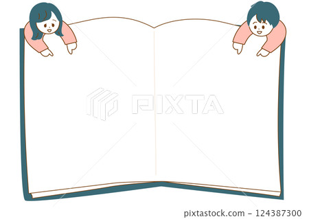 Frame with an open book and a man and woman standing on it Title frame 124387300