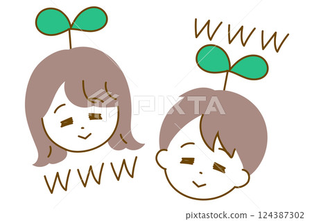 圖:一個男人和一個女人的臉,頭上長著草 草長草 圖:一個男人和一個女人的臉,頭上長著草 草長草 124387302