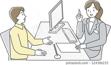 A man consulting at the counter and a female staff member assisting him 124388235