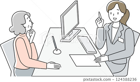 A senior woman consulting at a counter and a female staff member assisting her 124388236